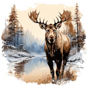 May include: A brown moose with large antlers stands in a snowy woodland setting. The moose is facing the camera and has a calm expression. The background features a stream of water and a snowy woodland with tall trees.