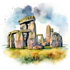 Peut inclure: Aquarelle de Stonehenge, monument préhistorique du Wiltshire, en Angleterre. L'œuvre représente le cercle de pierres avec un premier plan herbeux et un ciel nuageux. Les pierres sont grises et beiges, avec de la mousse verte.