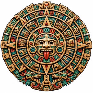May include: A circular stone calendar disc featuring a central face with a protruding tongue, surrounded by concentric rings of intricate carvings, geometric patterns, and stylized animal figures in shades of tan, turquoise, red, and dark brown.