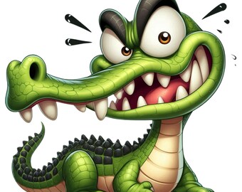 May include: A cartoon illustration of a green alligator with a wide grin, showing sharp white teeth. The alligator has large, expressive eyes and a spiky back. Black exclamation marks appear above its head, suggesting surprise or anger.