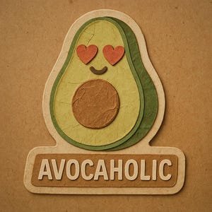 Avocadholic – ハートの目と文字が入ったアボカド – かわいい漫画ステッカー – 耐候性 – グルメ、ビーガンユーモアファンへのギフト