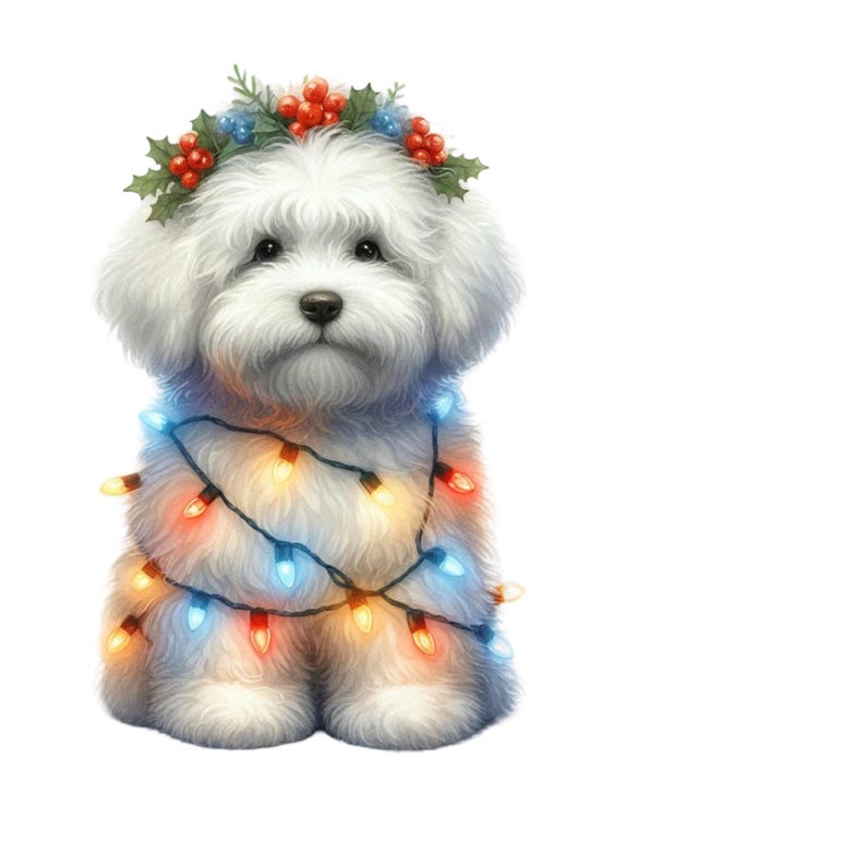 Könnte beinhalten: Ein flauschiger, weißer Hund mit einem festlichen Stechpalmenkranz und bunten Weihnachtsbeleuchtungen, die um seinen Körper gewickelt sind. Der Hund sitzt und blickt nach vorne vor einem weißen Hintergrund.