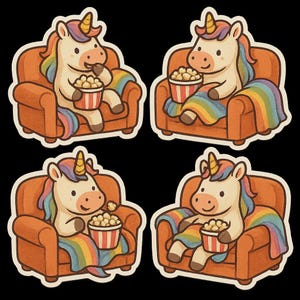 Lindo juego de pegatinas de unicornio, pegatinas de unicornio arcoíris, unicornio de dibujos animados con palomitas de maíz, decoración divertida de unicornio, pegatinas para habitación infantil, kawaii
