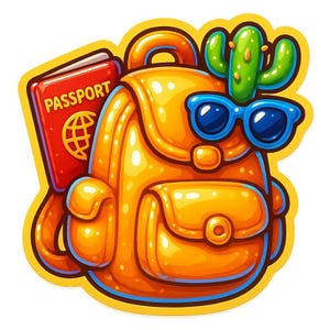 Zaino con passaporto, cactus e occhiali da sole – Adesivo divertente con cartoni animati – Resistente alle intemperie – Regalo per gli amanti dei viaggi e delle avventure all'aria aperta