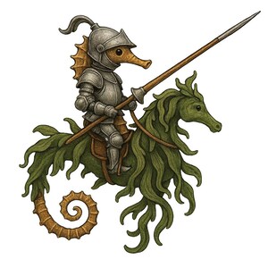 May include: An illustration of a seahorse knight in silver armor, holding a spear, riding a green seahorse. The seahorse knight has a helmet and is seated on a brown saddle. The seahorse steed has a leafy mane and tail.