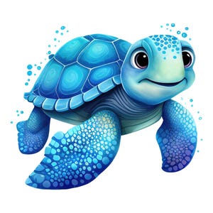 May include: A cartoon illustration of a smiling sea turtle in shades of blue. The turtle has a detailed shell pattern, large eyes, and is surrounded by small blue bubbles, giving it a playful appearance. The image is set against a white background.