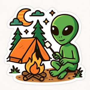 Alien Camping Sticker – Funny Car Sticker – Weatherproof, Extraterrestrial – Gift for Sci-Fi Fans, Campers, and Nerds