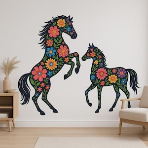Flower Horses Wall Sticker Romantic horse motif with floral elements as a sticker for wall, camper van, laptop, gift for horses, nature fans