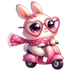 Bonita pegatina de conejito con forma de corazón rosa, gafas, scooter, animal, bebé, regalo, decoración, habitación infantil, divertido dibujo animado.