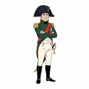 Könnte beinhalten: Cartoon-Illustration eines Mannes in grüner Militäruniform mit goldenen Schulterklappen, roter Schärpe und schwarzem Zweispitzhut. Die Figur trägt eine weiße Hose, schwarze Stiefel und ein Schwert. Die Illustration ist vor weißem Hintergrund.