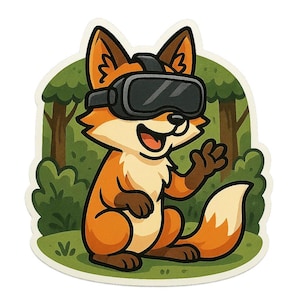 Adesivo di volpe con occhiali VR nella foresta. Divertenti adesivi a forma di fumetto per nerd, gamer, automobili, laptop o regali per gli appassionati di realtà virtuale.