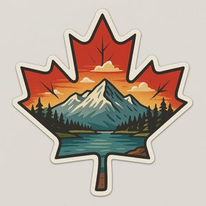 Sticker Kanada Flagge mit Ahornblatt und Bergsee Aufkleber für Wohnmobil Auto Laptop Geschenk für Kanada-Fans und Naturliebhaber