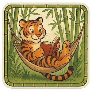 Adesivo tigre con libro su amaca Divertente adesivo fumetto tigre che legge per gli amanti dei libri angoli di lettura e fan dei gatti selvatici