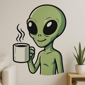 Alien with Coffee Cup Wall Sticker Funny Cartoon Decal for Wall RV Laptop Gift for Coffee Junkies, Sci-Fi and Humor Fans
