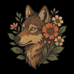Niedlicher Wolf Sticker mit Blumenkranz – süßer Tieraufkleber Naturmotiv Wolf mit Blumen, niedliches Waldtier Laptop Aufkleber Geschenkidee