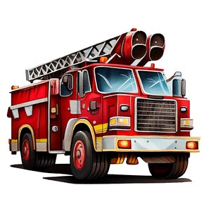 Pegatina de bomberos: camión de bomberos rojo como pegatina para niños en estilo acuarela, perfecta para decorar vehículos de emergencia y como idea de regalo.