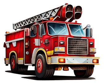 Firefighter Stickers – Red fire truck stickers for children in watercolor style, perfect for emergency vehicle decoration and gift idea