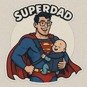 Pegatina de superpapá, papá con portabebés, disfraz de Superman, divertida pegatina para el Día del Padre, regalo, cómic resistente a la intemperie