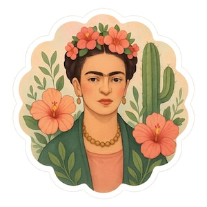 Adesivi floreali di Frida Kahlo | Adesivo di arte botanica | Composizione floreale con ibisco e cactus | Idea regalo per artisti