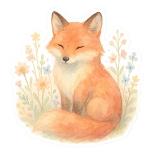 Adesivo volpe acquerello – disegno prato fiorito – adesivo per laptop, bullet journal, motivo natura, adesivo animale carino