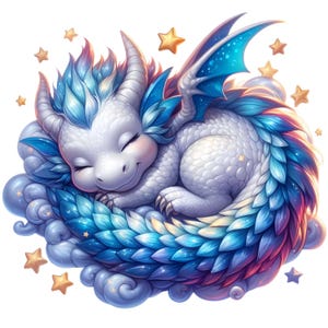 May include: A cute, sleeping baby dragon illustration. The dragon is white with blue and teal accents, curled up on a cloud. Gold stars float around the dragon. The dragon has closed eyes and a gentle smile.