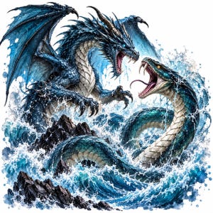 Könnte beinhalten: Ein blauer Drache mit großen Flügeln und scharfen Krallen steht einer langen, gewundenen Seeschlange mit gefletschten Zähnen gegenüber. Beide Kreaturen sind von peitschenden Meereswellen und dunklen, zerklüfteten Felsen in einer detaillierten Darstellung umgeben.