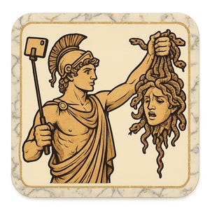 Adesivo di Perseo con selfie stick davanti a Medusa. Divertente adesivo a fumetti per gli amanti del mito, i re dei selfie e gli appassionati di storia greca.