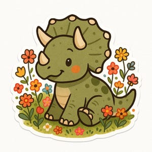 花畑のトリケラトプスのステッカー - かわいい恐竜の車用ステッカー - 耐候性、花柄 - 子供、恐竜、自然愛好家への贈り物