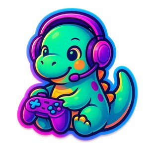 コントローラーとヘッドセットを備えたゲーマーとしての恐竜 - 面白い漫画ステッカー - 耐候性 - ゲーミング、恐竜ユーモアファンへのギフト