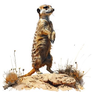 May include: Watercolor illustration of a meerkat standing upright on a rock. The meerkat has brown and tan fur with dark markings around its eyes. It is set against a white background with sparse vegetation.