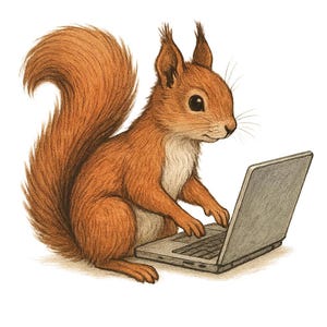 Könnte beinhalten: Detaillierte Illustration eines Eichhörnchens, das einen Laptop benutzt. Das Eichhörnchen ist mit seinen Pfoten auf der Tastatur dargestellt, sein buschiger Schwanz ist hinter ihm eingerollt. Das Kunstwerk ist in einem realistischen Stil mit weichen Schattierungen und weißem Hintergrund gehalten.