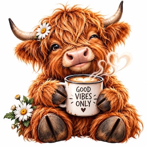 Può includere: Una soffice mucca Highland color zenzero con lunghe corna e una margherita bianca dietro l'orecchio, che tiene una tazza di ceramica bianca con il testo GOOD VIBES ONLY e un cuore. Il vapore sale dalla tazza formando la sagoma di un cuore.