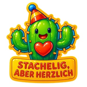 Kaktus mit Partyhut – Spruch „Stachelig, aber herzlich“ – Lustiger Autoaufkleber – wetterfest – Geschenk für Pflanzenfans & Humorfreunde