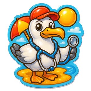 Gaviota con estetoscopio como médico de playa – Pegatina divertida de dibujos animados – Resistente a la intemperie – Regalo para amantes de la costa, los animales y el humor