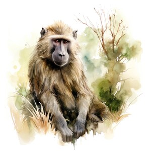 May include: A watercolour painting of a baboon with brown fur and a grey face, seated in a grassy area. The artwork features soft watercolour textures and a natural colour palette, with hints of green and brown.