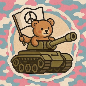 Adesivo orsacchiotto in un carro armato con bandiera della pace Adesivo fumetto per gli amanti dei coccoloni Satirici anti-guerra e nerd militari con ironia