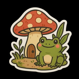 Autocollant mignon grenouille avec maison champignon – Motif animal de dessin animé pour cahiers, ordinateurs portables, bouteilles d'eau et scrapbooking Autocollant nature amusant