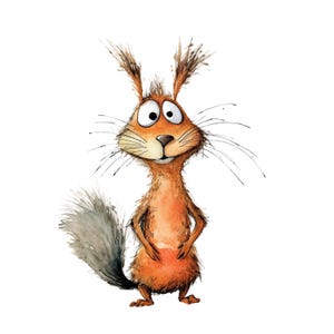 May include: A whimsical watercolor illustration of a squirrel with a surprised expression. The squirrel has orange fur, a gray tail, and long whiskers. Its eyes are wide, and it appears to be standing upright. The background is plain white.