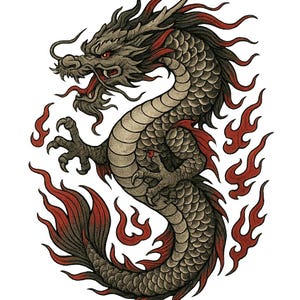 May include: Detailed illustration of a Chinese dragon with a gray body, red accents, and fiery red flames. The dragon is depicted with intricate scales, sharp claws, and a fierce expression. The artwork is set against a white background.