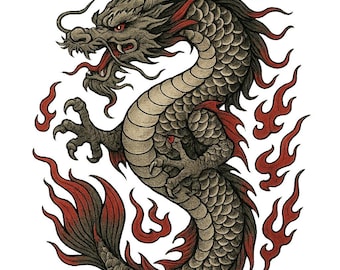 Koi Dragon Iron-On Patch – mystical animal motif in Japanese tattoo style DTF print for T-Shirt Hoodie Bag Asia Design