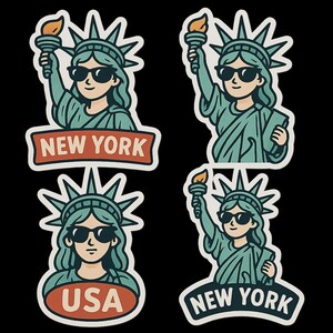Set di 4 adesivi Statua della Libertà - Design dei cartoni animati di New York - Adesivo da viaggio negli Stati Uniti, Ragazza della libertà con occhiali da sole