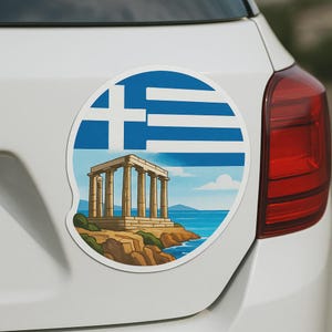Adesivo con bandiera greca con tempio e vista mare per camper, laptop, auto, regalo per tifosi e viaggiatori dell'Hellas
