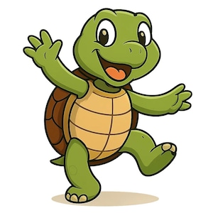 May include: A cartoon illustration of a green turtle with a brown shell, walking with a big smile and one arm raised.