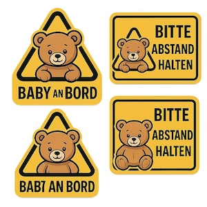 Zestaw naklejek Naklejka „Baby on Board” z misiem i znakiem ostrzegawczym – Zachowaj dystans – Urocza i funkcjonalna naklejka na samochód