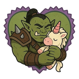 Adesivo Orco Guerriero, peluche unicorno, adesivo fumetto per nerd fantasy, teneri e amici della brutale tenerezza con umorismo