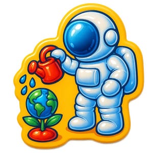 Astronauta con regadera regando la mini-tierra – Pegatina mágica de dibujos animados – Resistente a la intemperie – Regalo para amantes del espacio, el medio ambiente y el humor