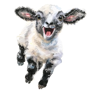 Könnte beinhalten: Aquarellillustration eines fröhlichen Lamms, das nach vorne springt. Das Lamm hat einen weißen Körper, schwarze Beine und Ohren sowie ein lächelndes Gesicht mit rosa Zunge. Das Kunstwerk ist vor einem weißen Hintergrund.