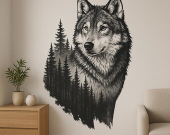 Wolf with forest wall sticker – Mystical nature motif for living rooms