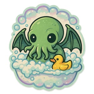 Può includere: Illustrazione di un mostro verde dei cartoni animati con ali e tentacoli in un bagno di bolle con una paperella di gomma gialla. Bordo azzurro chiaro con bolle.