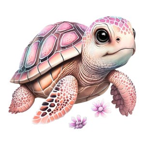 Può includere: Un'illustrazione digitale di una tartaruga marina neonata con guscio e pelle rosa e pesca. La tartaruga ha grandi occhi scuri ed è circondata da piccoli fiori rosa. Le pinne della tartaruga sono estese e lo sfondo è bianco.